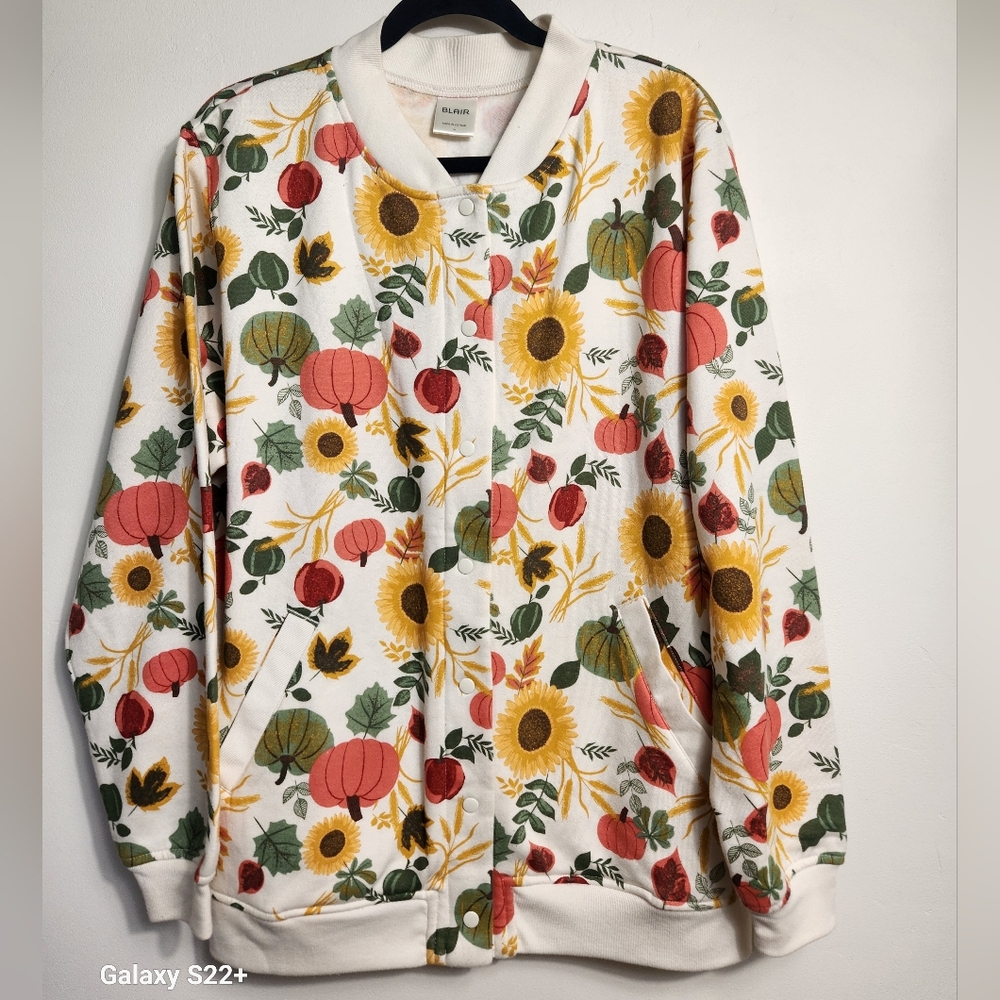 Blair Vtg Autumn themed Cardigan With Sunflowers And Pumpkins Size L. #F13
